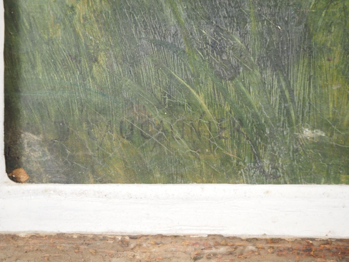 CAUCAUNIER.  "paysan devant sa ferme" Huile sur toile, signée en bas à