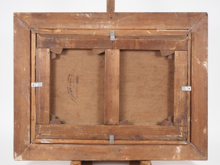 CAUCAUNIER.  "paysan devant sa ferme" Huile sur toile, signée en bas à