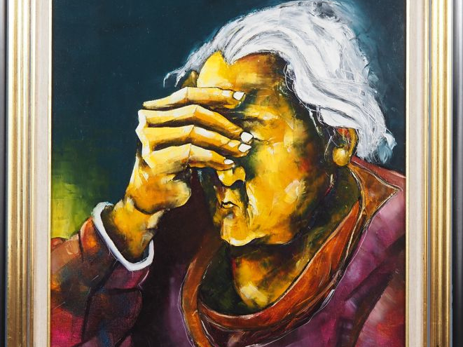 Juan COOK. "Fatigue" Huile sur toile, signée en bas à droite et datée 