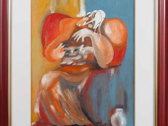 Juan COOK. "Le repos du chat" Huile sur carton, signée en bas à droite