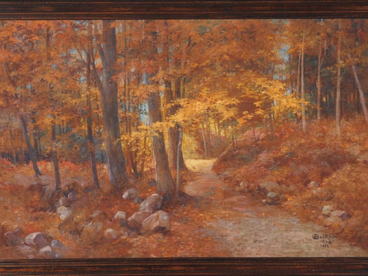 Emile DECKERS.  "Sous bois en automne" Huile sur toile, signée en bas 