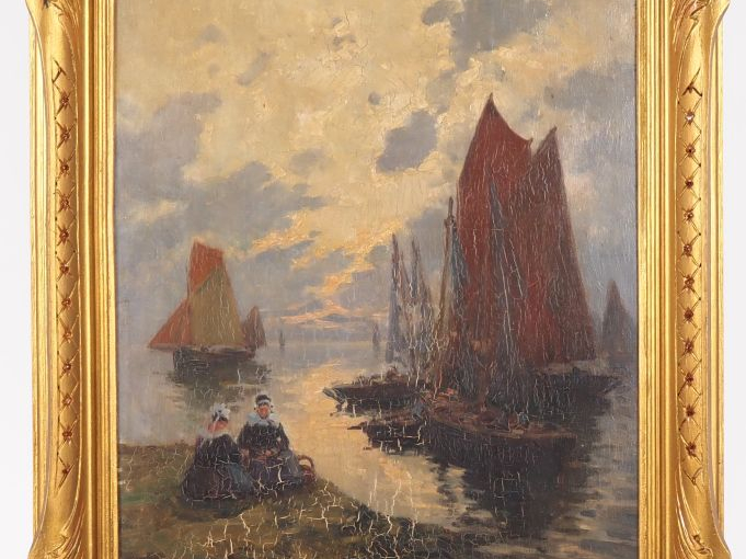 Ferdinand DUBORD. "bretonnes sur le port" Huile sur panneau, signée en