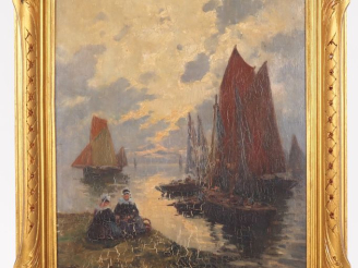 Vente aux enchères Ferdinand DUBORD. "bretonnes sur le port" Huile sur panneau, signée en
