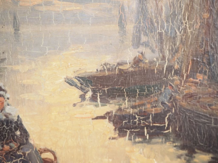 Ferdinand DUBORD. "bretonnes sur le port" Huile sur panneau, signée en