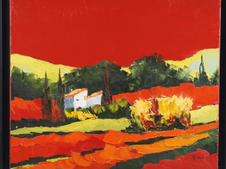 Suzanne FERAUD. "Provence rouge" Huile sur toile, signée en bas à droi