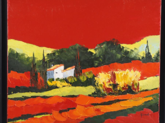 Vente aux enchères Suzanne FERAUD. "Provence rouge" Huile sur toile, signée en bas à droi