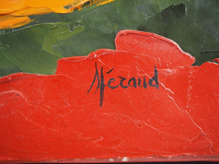 Suzanne FERAUD. "Provence rouge" Huile sur toile, signée en bas à droi