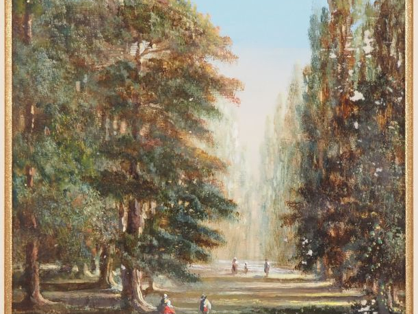 E. FERRIERE. "sous bois animé" Huile sur papier, signée en bas à gauch