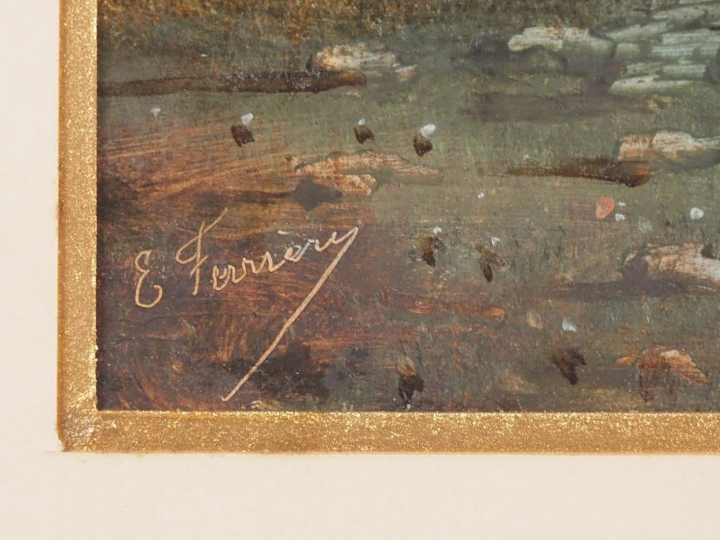 E. FERRIERE. "sous bois animé" Huile sur papier, signée en bas à gauch