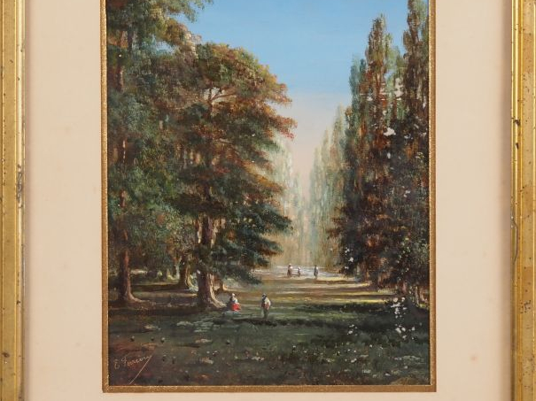E. FERRIERE. "sous bois animé" Huile sur papier, signée en bas à gauch