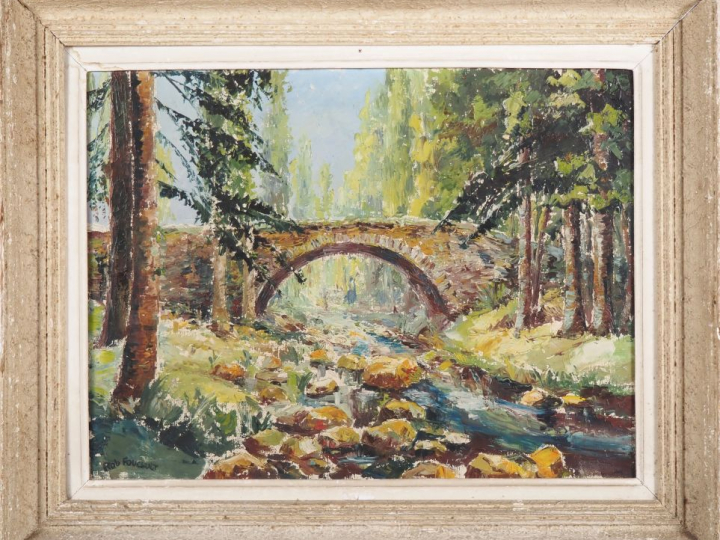 Robert FOUCAULT.  "le pont dans la forêt" Huile sur toile, signée en b