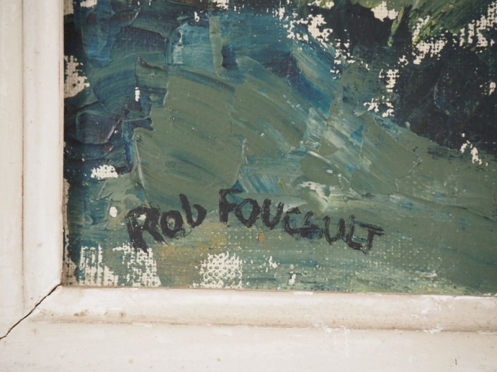 Robert FOUCAULT.  "le pont dans la forêt" Huile sur toile, signée en b