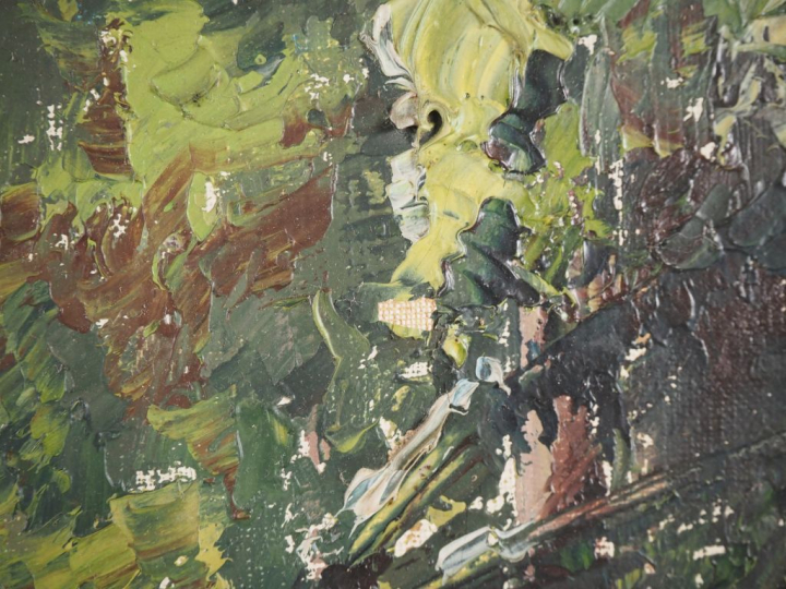 Robert FOUCAULT.  "le pont dans la forêt" Huile sur toile, signée en b