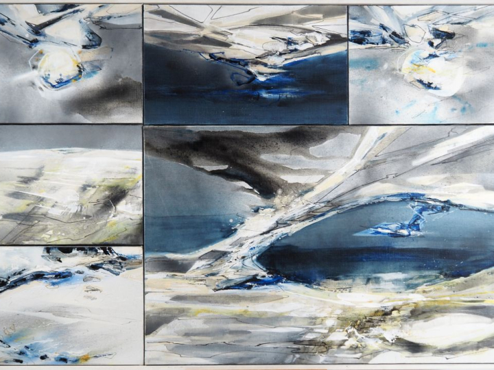 Claude GEORGES.  "Abstraction"  Grand encadrement composé de six table