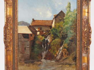 Vente aux enchères Laurent GUETAL.  "paysage au moulin et à la chute d'eau" Huile sur toi