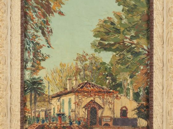 Jean GUY.  "maison et jardin méridionaux" Huile sur panneau, signée en