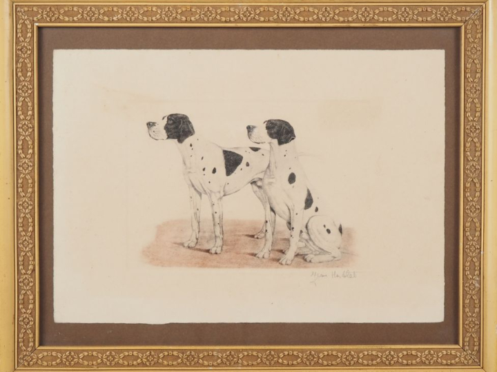 Jean HERBLET.  "les pointers" 2 eaux fortes en couleurs