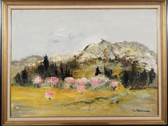 Vente aux enchères Michel JOUENNE. "le verger au printemps"  Huile sur toile, signée en b