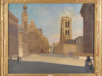 Vente aux enchères Edmond Charles KAYSER.  "personnages sur le parvis de l'église" Huile 