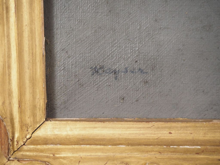 Edmond Charles KAYSER.  "personnages sur le parvis de l'église" Huile 