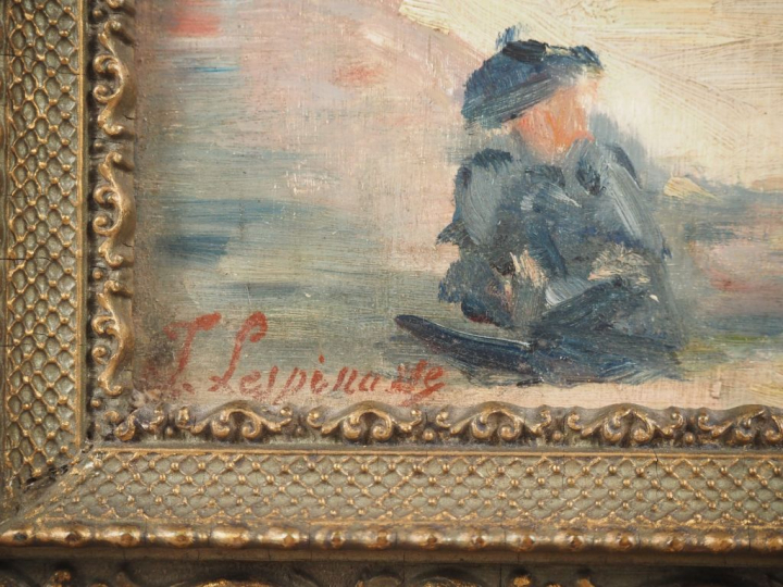 Isabelle LESPINASSE.  "près du lavoir" Huile sur panneau, signée en ba