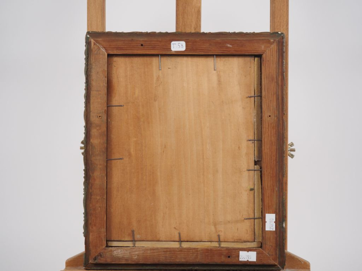 Isabelle LESPINASSE.  "près du lavoir" Huile sur panneau, signée en ba