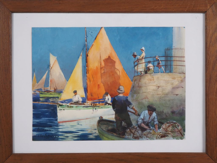 E. Louis LESSIEUX.  "Oléron, La Cotinière, pêcheur" Aquarelle, signée 
