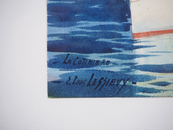 E. Louis LESSIEUX.  "Oléron, La Cotinière, pêcheur" Aquarelle, signée 
