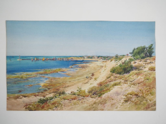 Vente aux enchères E. LESSIEUX.  "Oléron, promenade sur la plage" Aquarelle, signée en ba