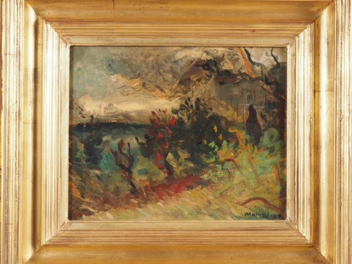 Lucien MAINSSIEUX.  "un soir d'automne" Huile sur toile, signée en bas