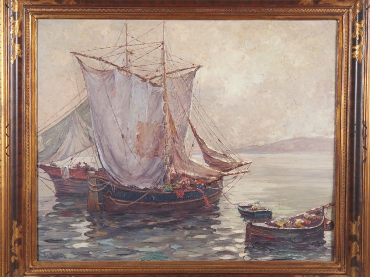 Ed. MANDON. "Marseille, tartanes, temps gris" Huile sur panneau, signé