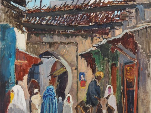 Maurice MARTIN.  "Fez, le souk" Huile sur toile, signée en bas à gauch