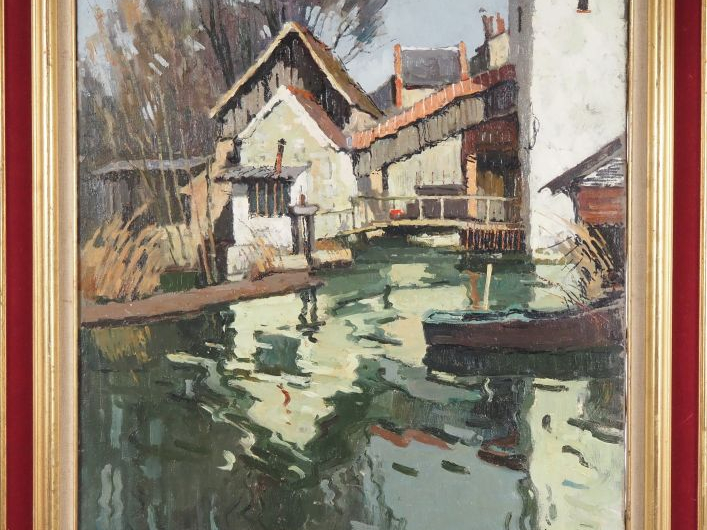 Maurice MARTIN.  "Nemours, le vieux moulin" Huile sur toile, signée en