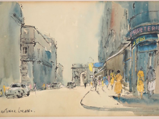 Vente aux enchères Josep MARTINEZ LOZANO. "Avenue animée" Aquarelle, signée en bas à gauc