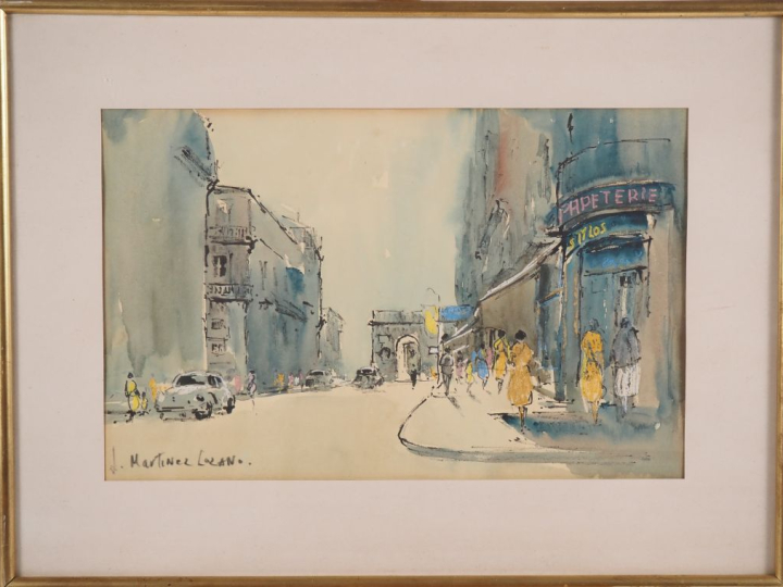 Josep MARTINEZ LOZANO. "Avenue animée" Aquarelle, signée en bas à gauc