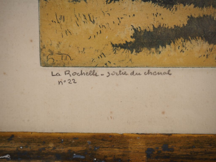 Henri MEUNIER.  "La Rochelle, sortie du chenal" Gravure signée en bas 