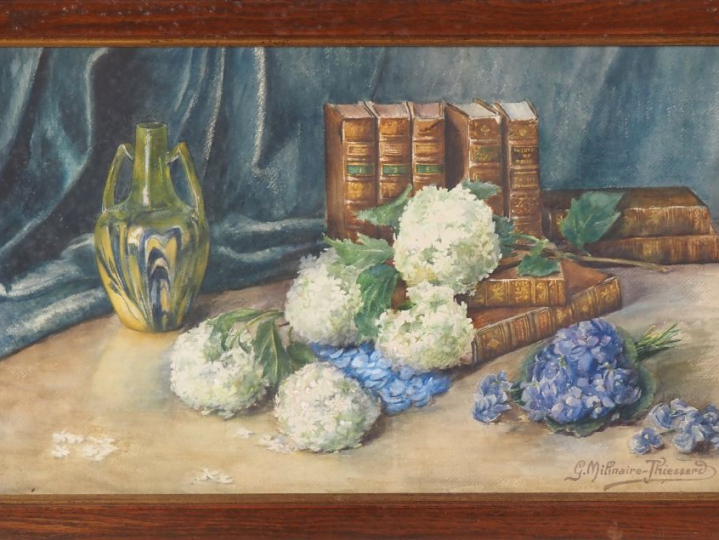 G. MILINER-THIESSARD. "nature morte aux hortensias et aux livres" Aqua