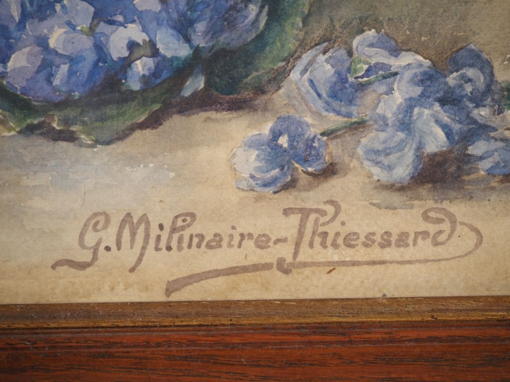 G. MILINER-THIESSARD. "nature morte aux hortensias et aux livres" Aqua