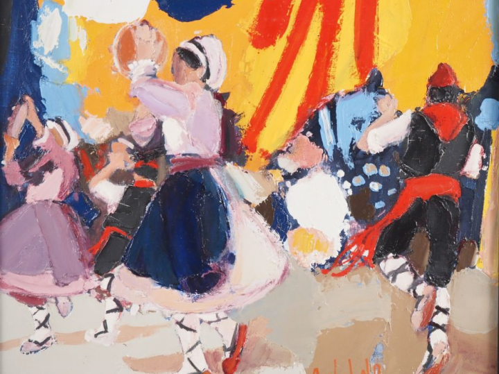 Michel NO.  "Danseurs de Sardane" Huile sur toile, signée en bas à dro