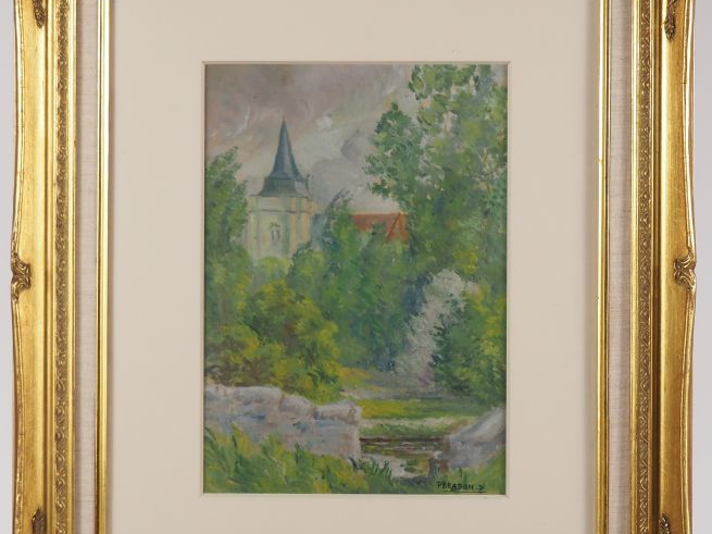 Pierre Edmond PERADON.  "l'église" Huile sur papier, sous verre signée