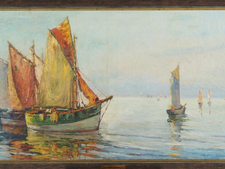 Marcel POISSONNIE.  "Marine" Huile sur toile, signée en bas à gauche D
