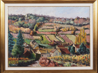 Vente aux enchères A. PREVOST. "vue de Cormot en automne" Huile sur panneau, signée en ba