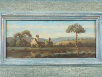 Vente aux enchères PREVOST. "paysage lacustre animé" Huile sur panneau signée en bas à dr