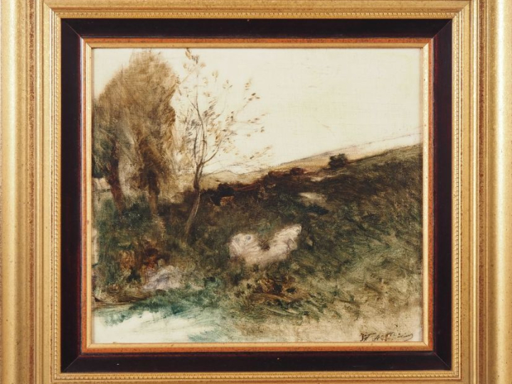 François Auguste RAVIER.  "paysage" Toile marouflée sur panneau d'isor