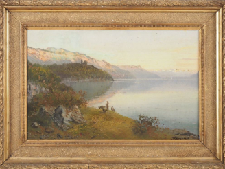 Vente aux enchères REIGNIER.  "personnage au bord d'un lac de montagne" Huile sur toile, 