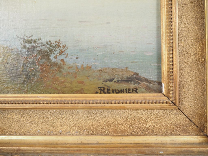 REIGNIER.  "personnage au bord d'un lac de montagne" Huile sur toile, 