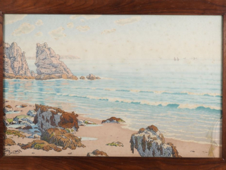 Vente aux enchères Henri RIVIERE.  "Plage du Porzic, presqu'ile de Crozon" Lithographie, 