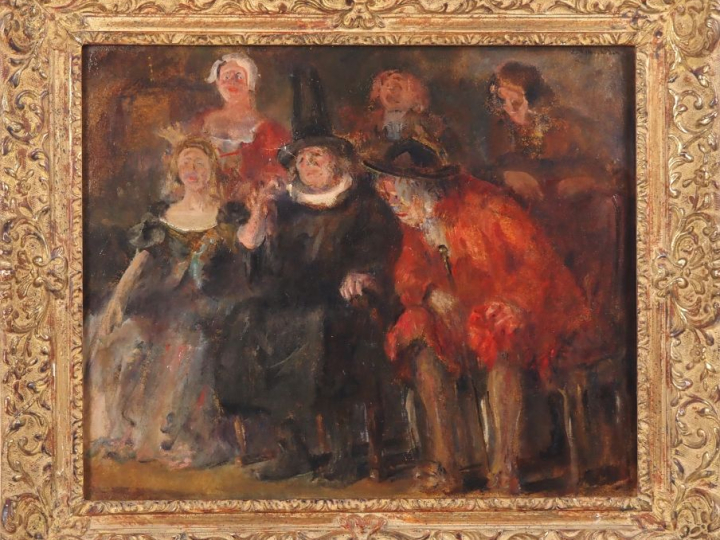 E. SCHNEIDER.  "les acteurs de Molière" Huile sur toile, signée en hau