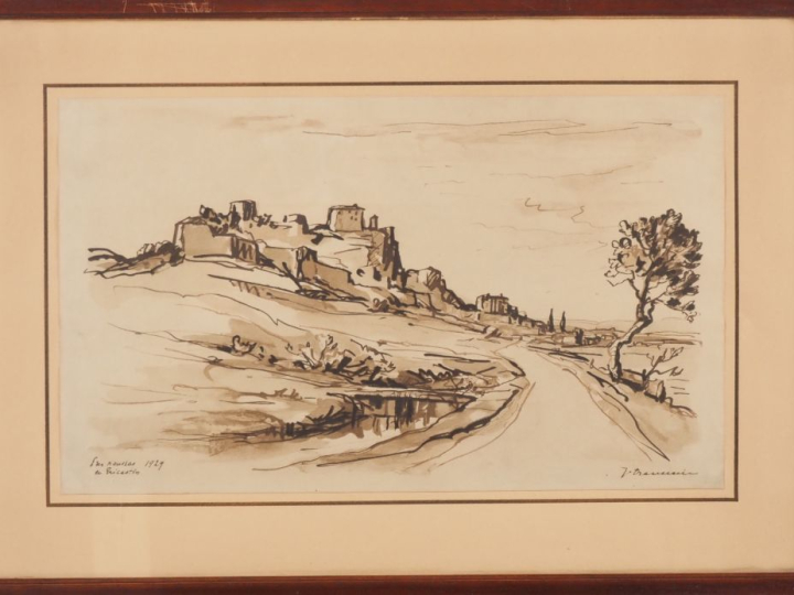 Jacques TRAVERSIER.  "En roussas, en Tricastin" Encre, signée en bas à