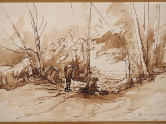 Vente aux enchères Jacques TRAVERSIER.  "la cueillette" Encre, signée en bas à droite  Di